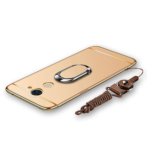 Handyhülle Hülle Luxus Metall Rahmen und Kunststoff Schutzhülle Tasche mit Fingerring Ständer und Lanyard für Huawei Y7 Prime Gold