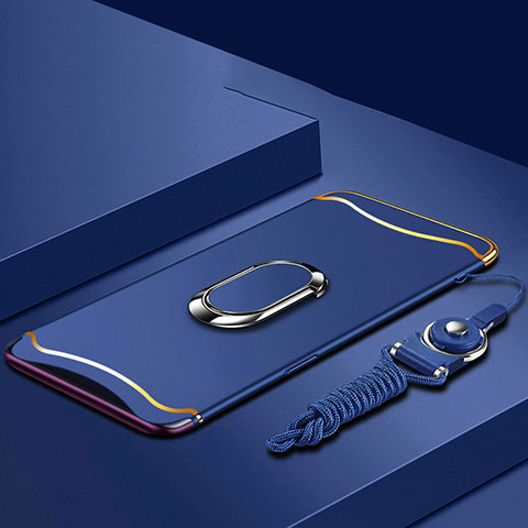 Handyhülle Hülle Luxus Metall Rahmen und Kunststoff Schutzhülle Tasche mit Fingerring Ständer und Lanyard für Oppo Find X Blau