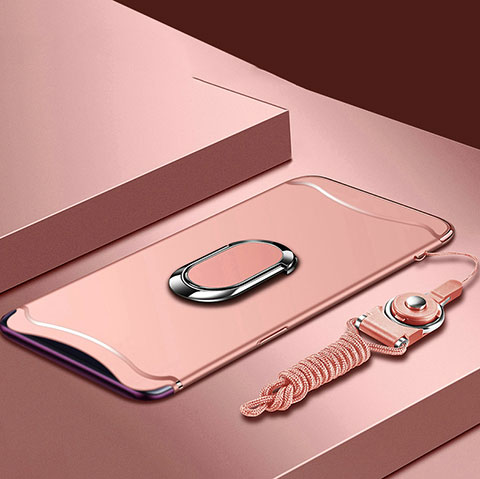 Handyhülle Hülle Luxus Metall Rahmen und Kunststoff Schutzhülle Tasche mit Fingerring Ständer und Lanyard für Oppo Find X Rosegold