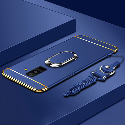 Handyhülle Hülle Luxus Metall Rahmen und Kunststoff Schutzhülle Tasche mit Fingerring Ständer und Lanyard für Samsung Galaxy A6 Plus (2018) Blau