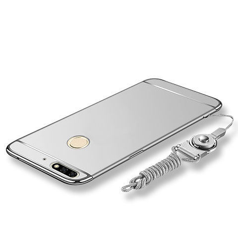 Handyhülle Hülle Luxus Metall Rahmen und Kunststoff Schutzhülle Tasche mit Lanyard für Huawei Enjoy 8 Silber