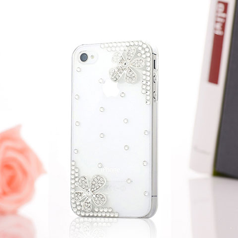 Handyhülle Hülle Luxus Strass Diamant Schutzhülle Blumen für Apple iPhone 4 Weiß