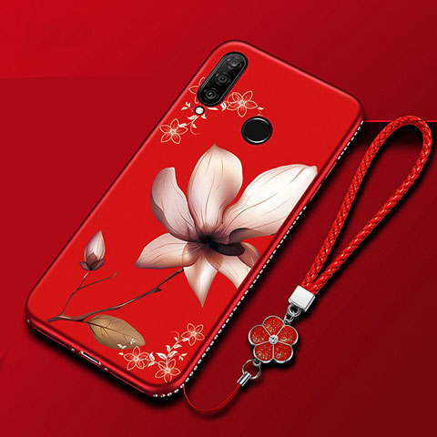 Handyhülle Silikon Hülle Gummi Schutzhülle Blumen für Huawei P Smart+ Plus (2019) Rot