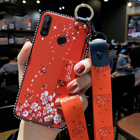 Handyhülle Silikon Hülle Gummi Schutzhülle Blumen K02 für Huawei P Smart+ Plus (2019) Rot