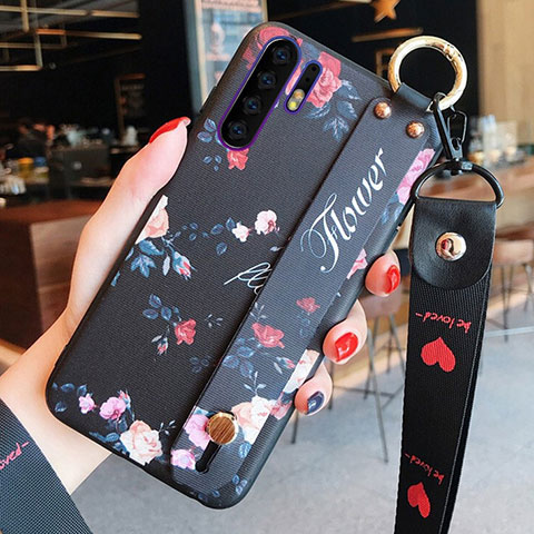 Handyhülle Silikon Hülle Gummi Schutzhülle Blumen K02 für Huawei P30 Pro Schwarz