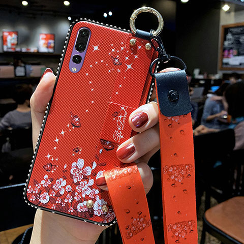 Handyhülle Silikon Hülle Gummi Schutzhülle Blumen K03 für Huawei P20 Pro Rot