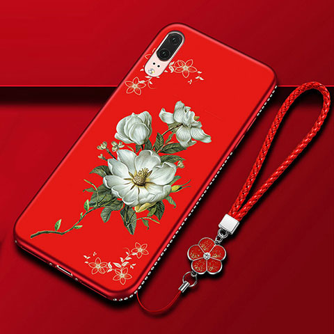 Handyhülle Silikon Hülle Gummi Schutzhülle Flexible Blumen K03 für Huawei P20 Rot