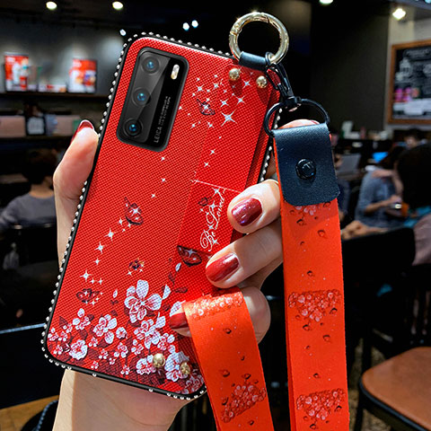 Handyhülle Silikon Hülle Gummi Schutzhülle Flexible Blumen S02 für Huawei P40 Rot