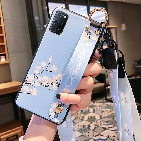 Handyhülle Silikon Hülle Gummi Schutzhülle Flexible Blumen S02 für Oppo A92 Hellblau