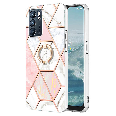 Handyhülle Silikon Hülle Gummi Schutzhülle Flexible Modisch Muster mit Fingerring Ständer Y01B für Oppo Reno6 5G Rosa