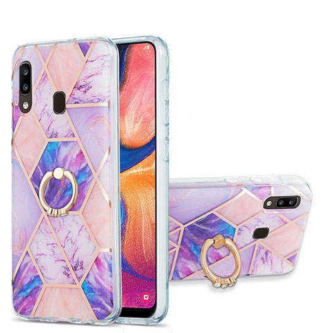 Handyhülle Silikon Hülle Gummi Schutzhülle Flexible Modisch Muster mit Fingerring Ständer Y01B für Samsung Galaxy A30 Helles Lila