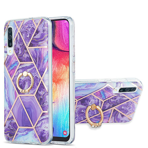 Handyhülle Silikon Hülle Gummi Schutzhülle Flexible Modisch Muster mit Fingerring Ständer Y01B für Samsung Galaxy A30S Violett