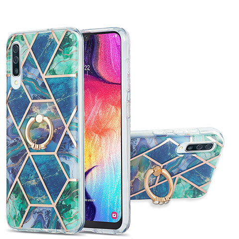 Handyhülle Silikon Hülle Gummi Schutzhülle Flexible Modisch Muster mit Fingerring Ständer Y01B für Samsung Galaxy A50 Nachtgrün