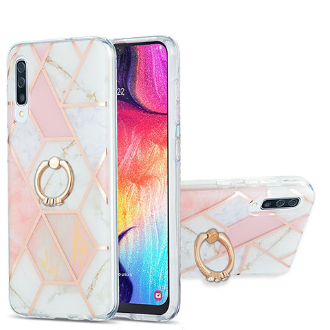 Handyhülle Silikon Hülle Gummi Schutzhülle Flexible Modisch Muster mit Fingerring Ständer Y01B für Samsung Galaxy A50 Rosa