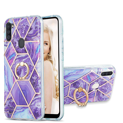 Handyhülle Silikon Hülle Gummi Schutzhülle Flexible Modisch Muster mit Fingerring Ständer Y01B für Samsung Galaxy M11 Violett