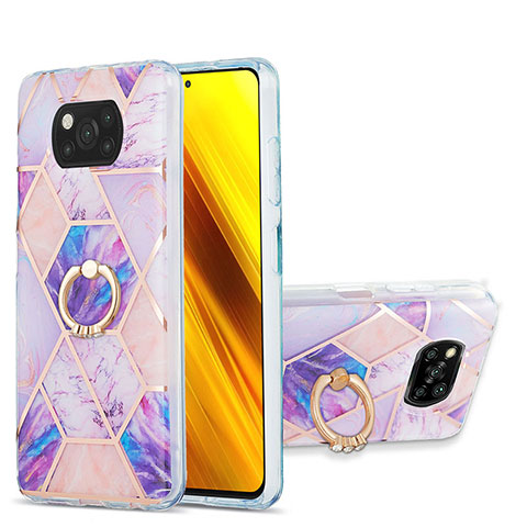 Handyhülle Silikon Hülle Gummi Schutzhülle Flexible Modisch Muster mit Fingerring Ständer Y01B für Xiaomi Poco X3 Pro Helles Lila