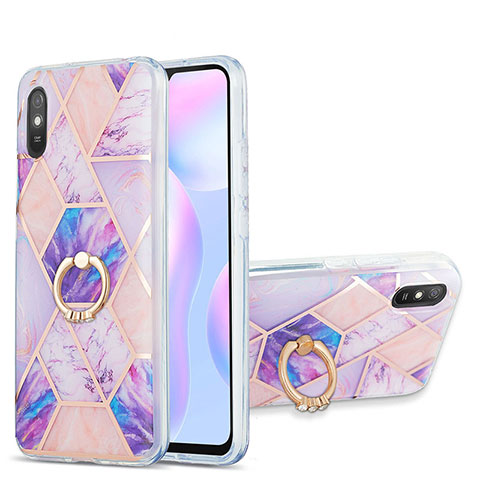 Handyhülle Silikon Hülle Gummi Schutzhülle Flexible Modisch Muster mit Fingerring Ständer Y01B für Xiaomi Redmi 9A Helles Lila