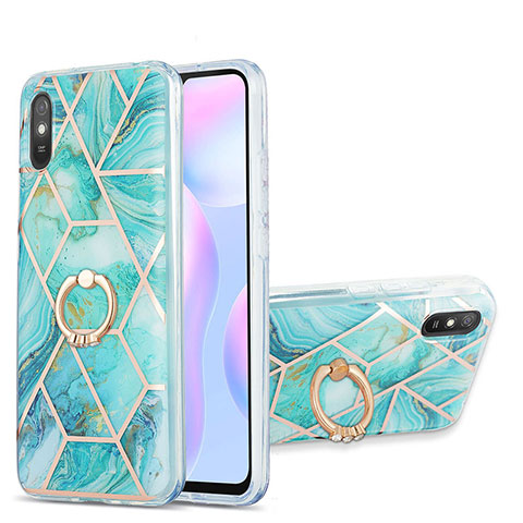 Handyhülle Silikon Hülle Gummi Schutzhülle Flexible Modisch Muster mit Fingerring Ständer Y01B für Xiaomi Redmi 9A Minzgrün