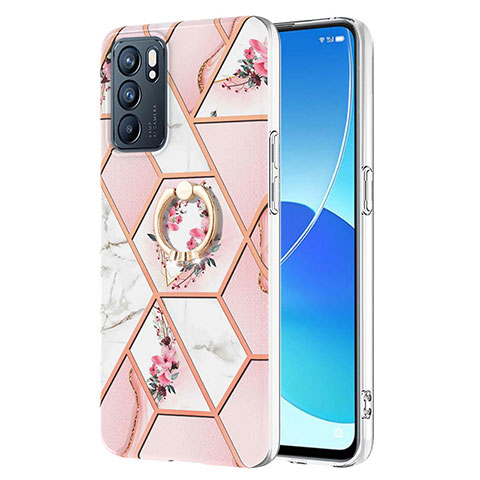 Handyhülle Silikon Hülle Gummi Schutzhülle Flexible Modisch Muster mit Fingerring Ständer Y02B für Oppo Reno6 5G Rosa