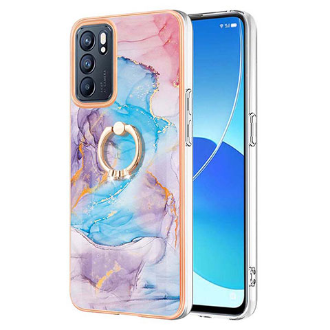 Handyhülle Silikon Hülle Gummi Schutzhülle Flexible Modisch Muster mit Fingerring Ständer Y03B für Oppo Reno6 5G Blau