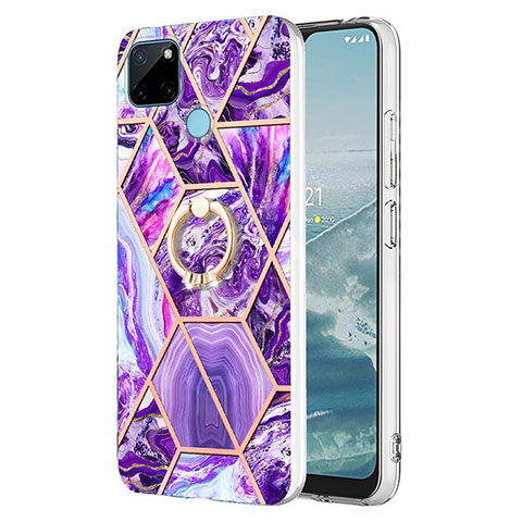 Handyhülle Silikon Hülle Gummi Schutzhülle Flexible Modisch Muster mit Fingerring Ständer Y04B für Realme C25Y India Violett