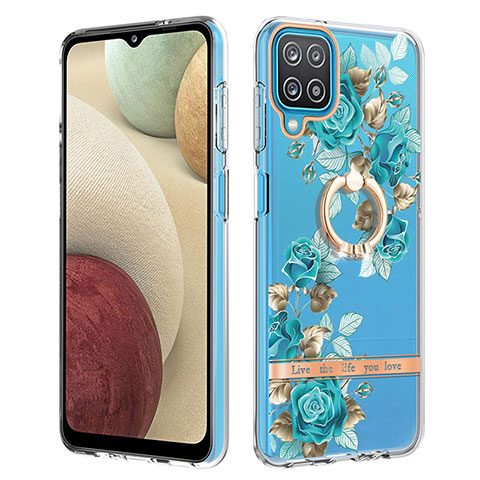 Handyhülle Silikon Hülle Gummi Schutzhülle Flexible Modisch Muster mit Fingerring Ständer Y06B für Samsung Galaxy A12 5G Cyan