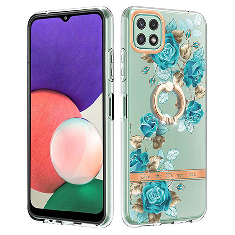 Handyhülle Silikon Hülle Gummi Schutzhülle Flexible Modisch Muster mit Fingerring Ständer Y06B für Samsung Galaxy A22 5G Cyan