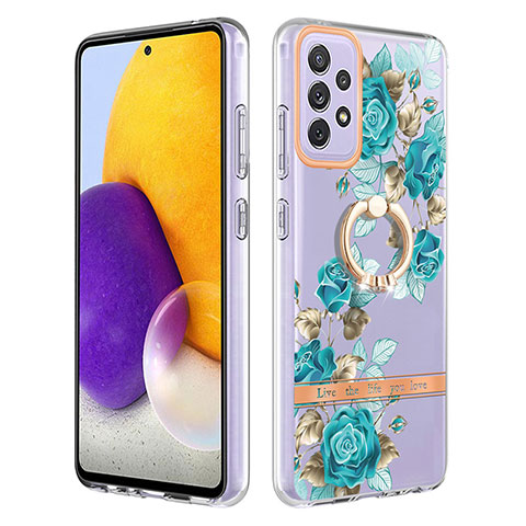 Handyhülle Silikon Hülle Gummi Schutzhülle Flexible Modisch Muster mit Fingerring Ständer Y06B für Samsung Galaxy A72 4G Cyan