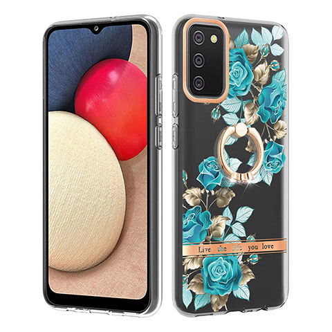 Handyhülle Silikon Hülle Gummi Schutzhülle Flexible Modisch Muster mit Fingerring Ständer Y06B für Samsung Galaxy F02S SM-E025F Cyan