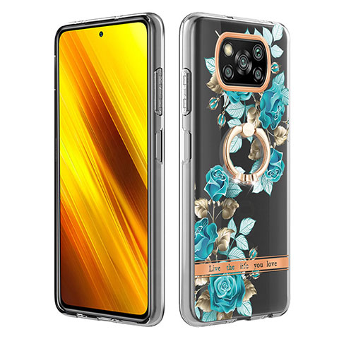 Handyhülle Silikon Hülle Gummi Schutzhülle Flexible Modisch Muster mit Fingerring Ständer Y06B für Xiaomi Poco X3 Pro Cyan