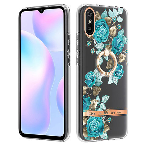 Handyhülle Silikon Hülle Gummi Schutzhülle Flexible Modisch Muster mit Fingerring Ständer Y06B für Xiaomi Redmi 9i Cyan