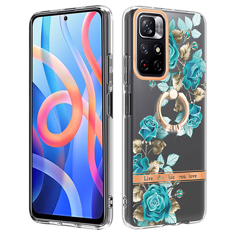 Handyhülle Silikon Hülle Gummi Schutzhülle Flexible Modisch Muster mit Fingerring Ständer Y06B für Xiaomi Redmi Note 11 5G Cyan