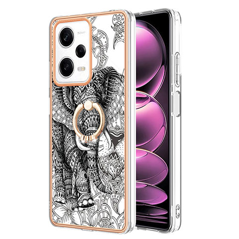 Handyhülle Silikon Hülle Gummi Schutzhülle Flexible Modisch Muster mit Fingerring Ständer YB2 für Xiaomi Redmi Note 12 Pro 5G Grau