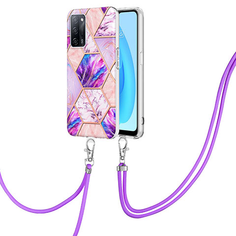 Handyhülle Silikon Hülle Gummi Schutzhülle Flexible Modisch Muster mit Schlüsselband Lanyard Y01B für Oppo A53s 5G Helles Lila