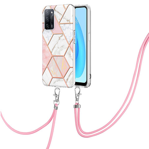 Handyhülle Silikon Hülle Gummi Schutzhülle Flexible Modisch Muster mit Schlüsselband Lanyard Y01B für Oppo A53s 5G Rosa