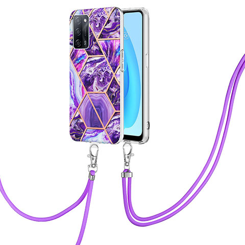 Handyhülle Silikon Hülle Gummi Schutzhülle Flexible Modisch Muster mit Schlüsselband Lanyard Y01B für Oppo A53s 5G Violett