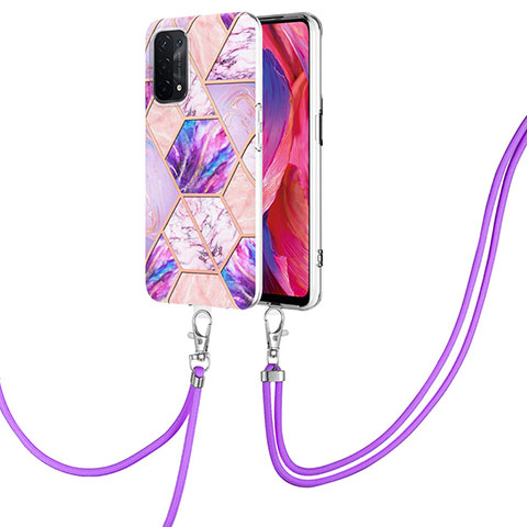 Handyhülle Silikon Hülle Gummi Schutzhülle Flexible Modisch Muster mit Schlüsselband Lanyard Y01B für Oppo A54 5G Helles Lila