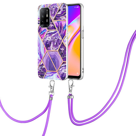 Handyhülle Silikon Hülle Gummi Schutzhülle Flexible Modisch Muster mit Schlüsselband Lanyard Y01B für Oppo A94 5G Violett