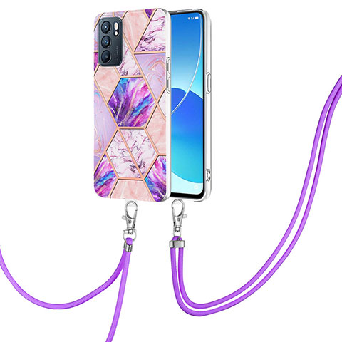 Handyhülle Silikon Hülle Gummi Schutzhülle Flexible Modisch Muster mit Schlüsselband Lanyard Y01B für Oppo Reno6 5G Helles Lila