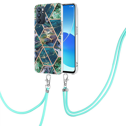 Handyhülle Silikon Hülle Gummi Schutzhülle Flexible Modisch Muster mit Schlüsselband Lanyard Y01B für Oppo Reno6 5G Nachtgrün