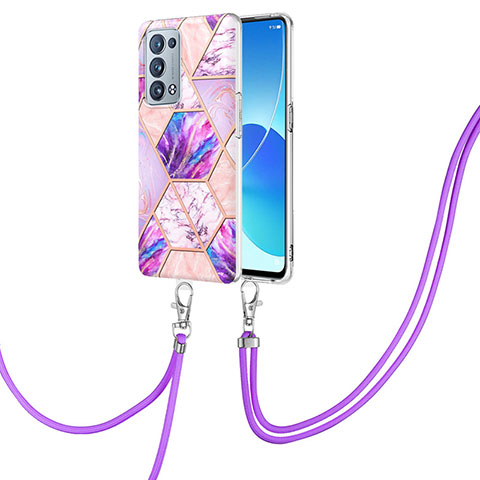 Handyhülle Silikon Hülle Gummi Schutzhülle Flexible Modisch Muster mit Schlüsselband Lanyard Y01B für Oppo Reno6 Pro 5G Helles Lila