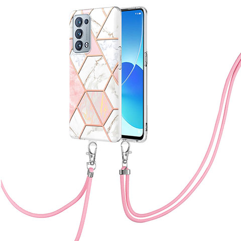 Handyhülle Silikon Hülle Gummi Schutzhülle Flexible Modisch Muster mit Schlüsselband Lanyard Y01B für Oppo Reno6 Pro 5G Rosa