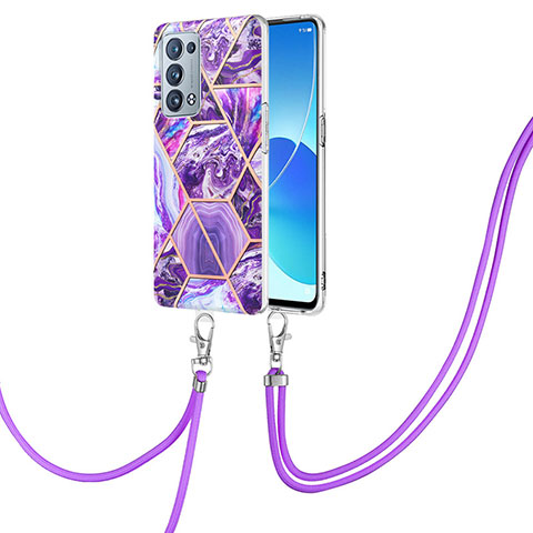 Handyhülle Silikon Hülle Gummi Schutzhülle Flexible Modisch Muster mit Schlüsselband Lanyard Y01B für Oppo Reno6 Pro 5G Violett