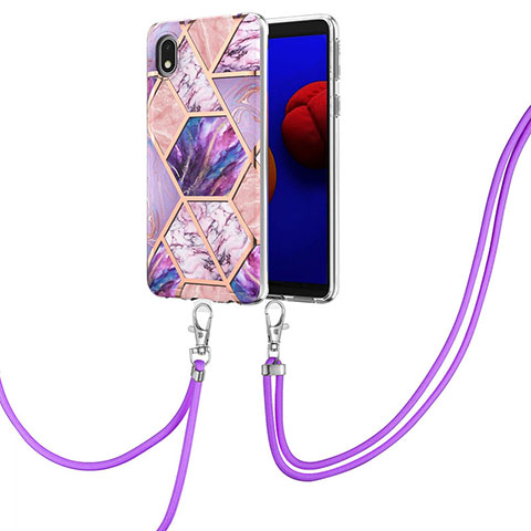 Handyhülle Silikon Hülle Gummi Schutzhülle Flexible Modisch Muster mit Schlüsselband Lanyard Y01B für Samsung Galaxy A01 Core Helles Lila