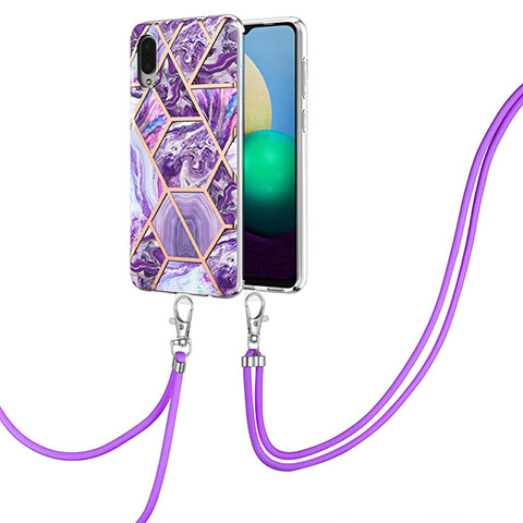 Handyhülle Silikon Hülle Gummi Schutzhülle Flexible Modisch Muster mit Schlüsselband Lanyard Y01B für Samsung Galaxy A02 Violett