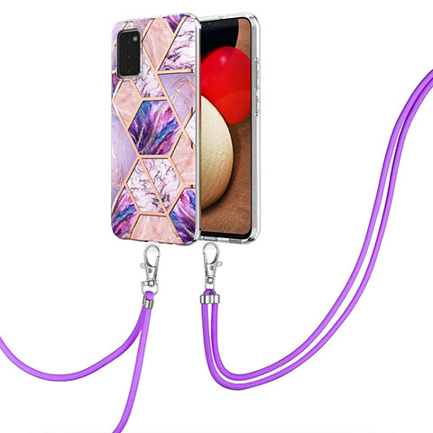 Handyhülle Silikon Hülle Gummi Schutzhülle Flexible Modisch Muster mit Schlüsselband Lanyard Y01B für Samsung Galaxy A02s Helles Lila