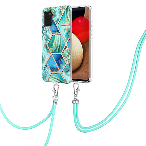 Handyhülle Silikon Hülle Gummi Schutzhülle Flexible Modisch Muster mit Schlüsselband Lanyard Y01B für Samsung Galaxy A03s Grün