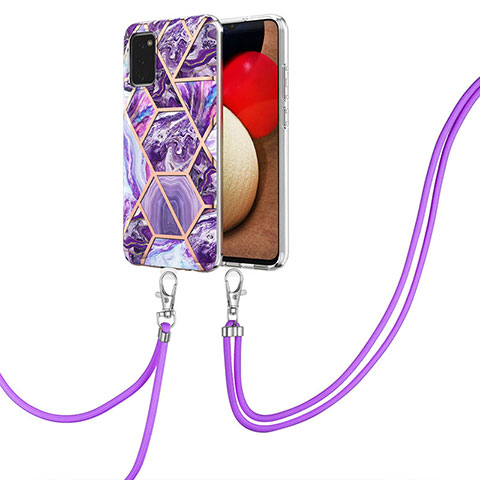 Handyhülle Silikon Hülle Gummi Schutzhülle Flexible Modisch Muster mit Schlüsselband Lanyard Y01B für Samsung Galaxy A03s Violett