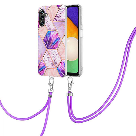 Handyhülle Silikon Hülle Gummi Schutzhülle Flexible Modisch Muster mit Schlüsselband Lanyard Y01B für Samsung Galaxy A04s Helles Lila