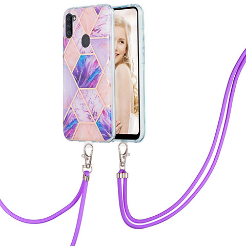 Handyhülle Silikon Hülle Gummi Schutzhülle Flexible Modisch Muster mit Schlüsselband Lanyard Y01B für Samsung Galaxy A11 Helles Lila